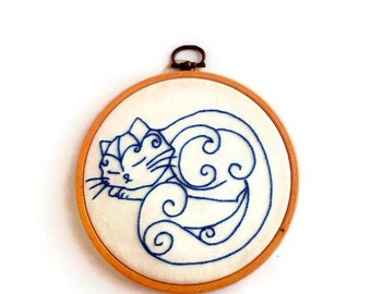 Cat lover gift|for|daughter Sleeping cat embroidery hoop art Cat lady gift|for|her wall decor Mother day gift for granny Blue nursery decor