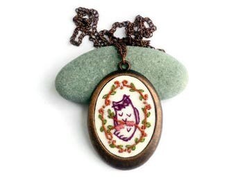 Owl necklace Embroidered jewelry Owl gifts for daughter mom Long necklace Owl pendant Embroidery necklace Boho jewelry Mini embroidery art