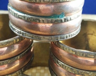 Bridal Wedding gift,Brass and Copper Napkin Rings, Etched Napkin Rings, Geometric Design Brass Copper Napkin Rings, Vintage Napkin Rings