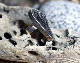 Black stone ring, statement ring, handmade silver ring, black kyanite ring, UK size M ring, US size 6.25 ring, No. 12 size ring
