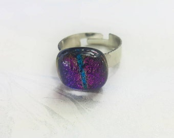 Purple and Blue Glass Ring, Dichroic Fused Glass Ring, Stainless Steel Adjustable Ring, Handmade Glass Statement Ring, Gift Idea for Her