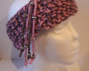 Boho Crochet headband Pink Taupe color Modern design Earmuff, Winter warm cosy headband