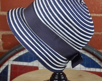 Vintage 1960s Navy Blue and White Striped Connie Mae Straw Cloche Hat