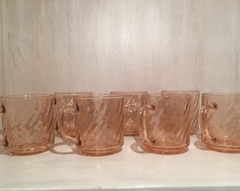 Vintage Pink Swirl Rosaline Glass Mugs by Arcoroc France (set of 7)