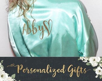 Bridesmaid Robes, Bride Robe, Bridal Robes, Silk Satin Monogrammed Robes, Personalized Wedding Gift, Glitter Print Robe, Getting Ready Robe