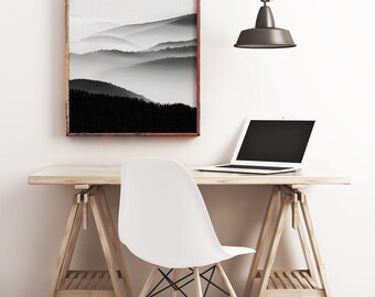 Mountain Print, Fog Wall Art, Living Room Decor, Mountain Photo Wall Art, Mountain Print, Modern Photography Wall Art, Black and White Print