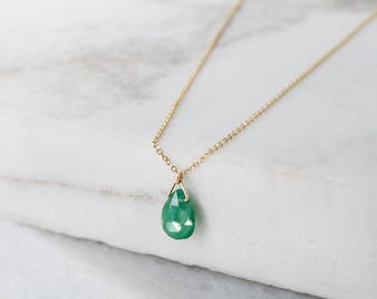 Emerald Necklace, Birthstone Necklace, 14K Gold Necklace, Yellow Gold, May Birthstone, Emerald Drop, Gold Chain Necklace, Birthday Gift
