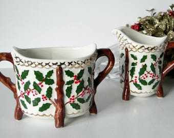 Vintage, Creamer, Sugar Bowl, Set, Christmas, Holiday, Kitchen and Dining