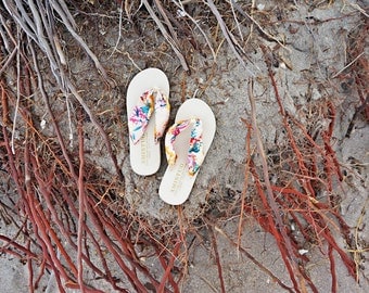 ON SALE SIZE US5 Boho Floral Flip Flops / Wash gold Satin Flip flops / Golding Boho style Sandals / Silky Floral Beach wedding