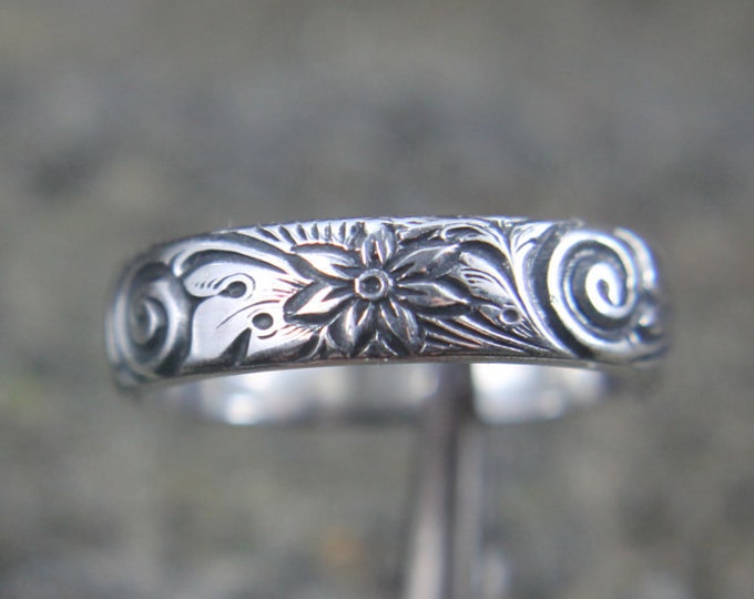 Sterling Silver Wedding Band, Embossed Flower and Wave Pattern Design, Floral Ring for Him or Her, Mans or Womans Anniversary Promise Ring