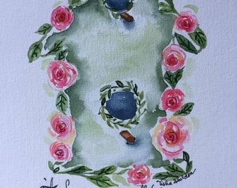 Original Watercolor with Ralph Waldo Emerson Quote, Birdhouse and Rose Floral