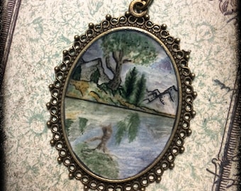 pendentif paysage peint à la main aquarelle miniature watercolor nature original