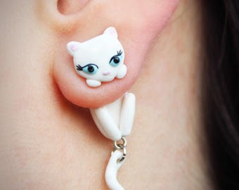 White cat earrings fake gauges, cats with blue eyes / animal earrings, cat jewelry, fake gauge, two part earrings, polymer clay double sided