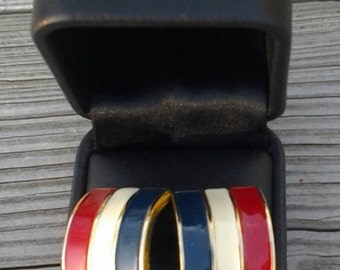 Vintage Red White Blue Striped Pierced Earrings with Gold Trim and Back