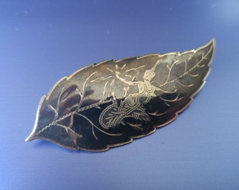 Nielloware Fan & Leaf Brooches