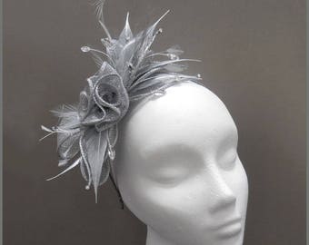 Wedding headpiece, metallic silver floral fascinator, made to order, christening, diamanté, formal event, garden party, headband, aliceband