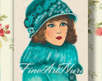Vintage artwork, blue girl, art nouveau femme, mujer art nouveau, home decor woman, acrylic painting print, pretty printart , sombrero azul