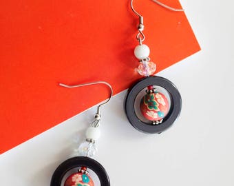 Statement chandelier earrings in blue, red & white