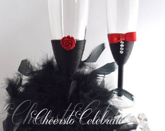 Black and Red Wedding Flutes, Champagne Glasses, Wedding Toasting Flutes, Champagne Flutes, Bridal Shower Gift