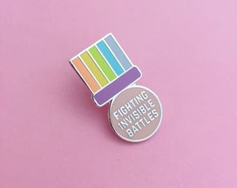 Fighting Invisible Battles Medal Enamel Pin Badge - Adult Achievement - Positivity Pin - Rainbow Badge