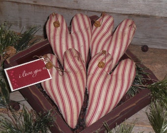 Beautiful Set of 4 Primitive Grungy Rustic Country Red White Ticking LOVE Valentine February 14 Heart Bowl Fillers Ornies Ornaments Tucks