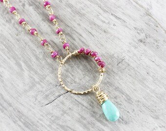Ruby and Turquoise Necklace, Pink Ruby Necklace, Gold Ruby Necklace, Gold Turquoise Necklace, Turquoise Gemstone Necklace, Wire Wrap Pendant