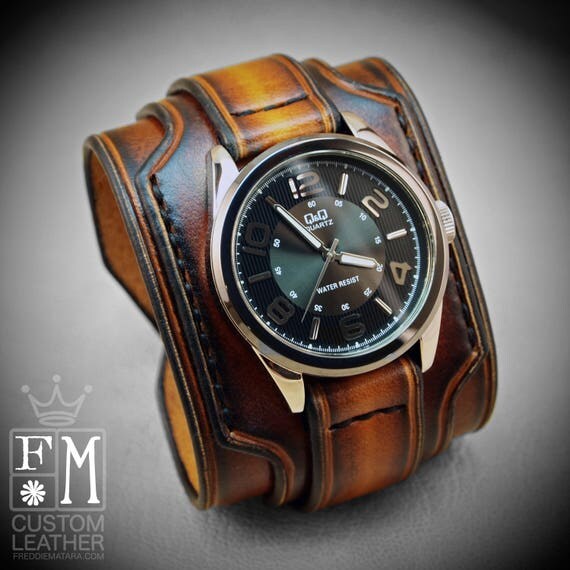 Leather cuff watch Burnt sunburst wide layered Brown watch band cuff Bracelet Handmade for YOU in NYC by Freddie Matara