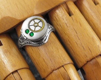 Silver Locket Ring Emerald Green Brass Gear - Clockwork Envy by COGnitive Creations