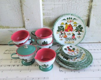 Vintage Ohio Art Apple Farm 26 Piece Tin Tea Set