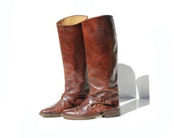 Vintage Italian Mahogany Brown Leather Tall Pull On Boots / size 7.5