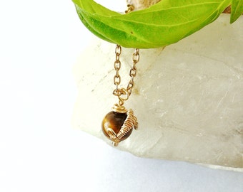 Tigers Eye Necklace - Crystal Charm Necklace - Wire Wrapped Pendant- Delicate Necklace - Healing Crystal Necklace- Gold Charm Necklace- Boho