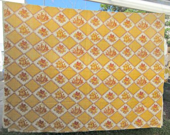 Vintage Tablecloth, Dutch Motifs, Gold and Brown Tablecloth, Cotton Tablecloth, Floral Tablecloth, Table Covering, Retro Kitchen, Diamonds