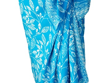 Beach Sarong Pareo Wrap Skirt - Batik Pareo Beach Wedding Dress Batik Sarong - Sky Blue & White Beach Cover up - Hawaiian Maile Leaf Sarong