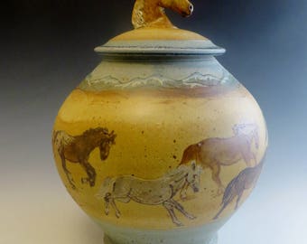 Lg Cookie Jar Running Horses in the Mountains Horse Head Knob