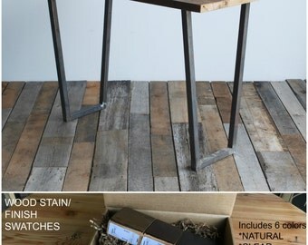 High top wood and steel desk. Buy a Finish/stain sample kit here to see them in person. Custom orders turnaround 4-5 weeks.