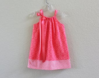 Girls Coral Pillowcase Dress - Coral and White Sun Dress - Girls Floral Sun Dress - Size 12m, 18m, 2T, 3T, 4T, 5, 6, 8, or 10