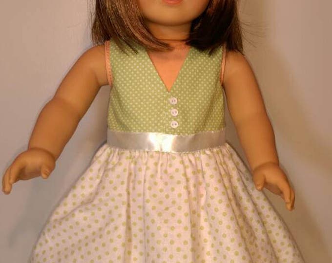 Sleeveless soft green and white doll dress and headband fits 18 inch dolls