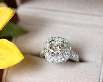 Cushion cut moissanite, magnificent art deco engagement ring, Milgrain patterned, vintage inspired