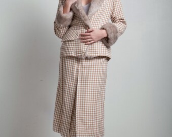 faux fur trim jacket skirt suit gingham check plaid 40s style vintage 70s 2-piece tweed tan brown white MEDIUM LARGE M L