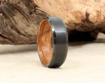 Beveled Black Zirconium Wood Ring Lined with Whiskey Barrel White Oak Wooden Ring