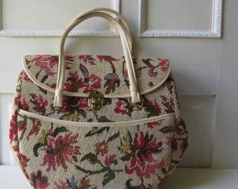 Vintage Floral Tapestry Bag - Large Needlepoint Purse - White Floral Carpet Bag 15" x 12" x 5"