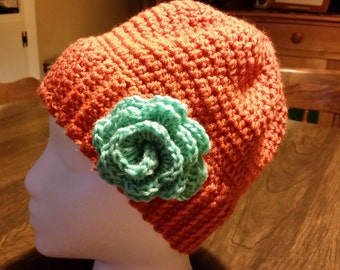 Crochet Pumpkin Orange Winter Hat with Turquoise crochet flower cap beanie
