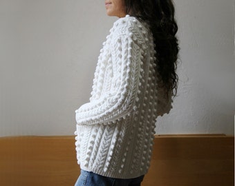 White Cotton Bauble Knit Cardigan Sweater