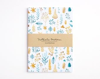 A6 notebook, A6 travelers notebook, travel notebook, travel journal, hand illustrated journal, watercolor botanical pattern notebook