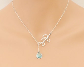 Aquamarine Lariat, Leaf Necklace, Aquamarine Necklace, March Birthstone, Wedding Jewelry, Aquamarine Jewelry, Lariat Necklace, For Her, Gift