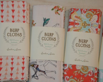 Baby Burp Cloths Cotton Chenille Burp Boho Damask Bunnies in Coral and Mint Baby Shower Gift