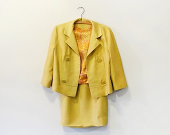 Mid Century Mustard / Gold Silk Suit Skirt Jacket Blouse Chic Sm Med