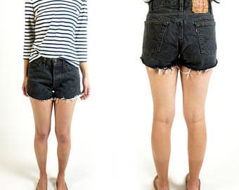 Vintage Levi's 501 Faded Black Denim Jean Shorts High Waisted Cutoffs Size 28