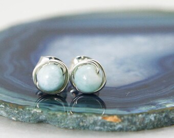 Small Larimar Stud Earrings - Sterling Silver Wire Wrapped Ocean Blue Genuine Gemstone Rounds - Peace, Clarity, Manifestation, Healing