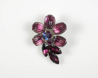 Vintage Purple Flower Brooch Ribbed Amethyst Rhinestone Pin
